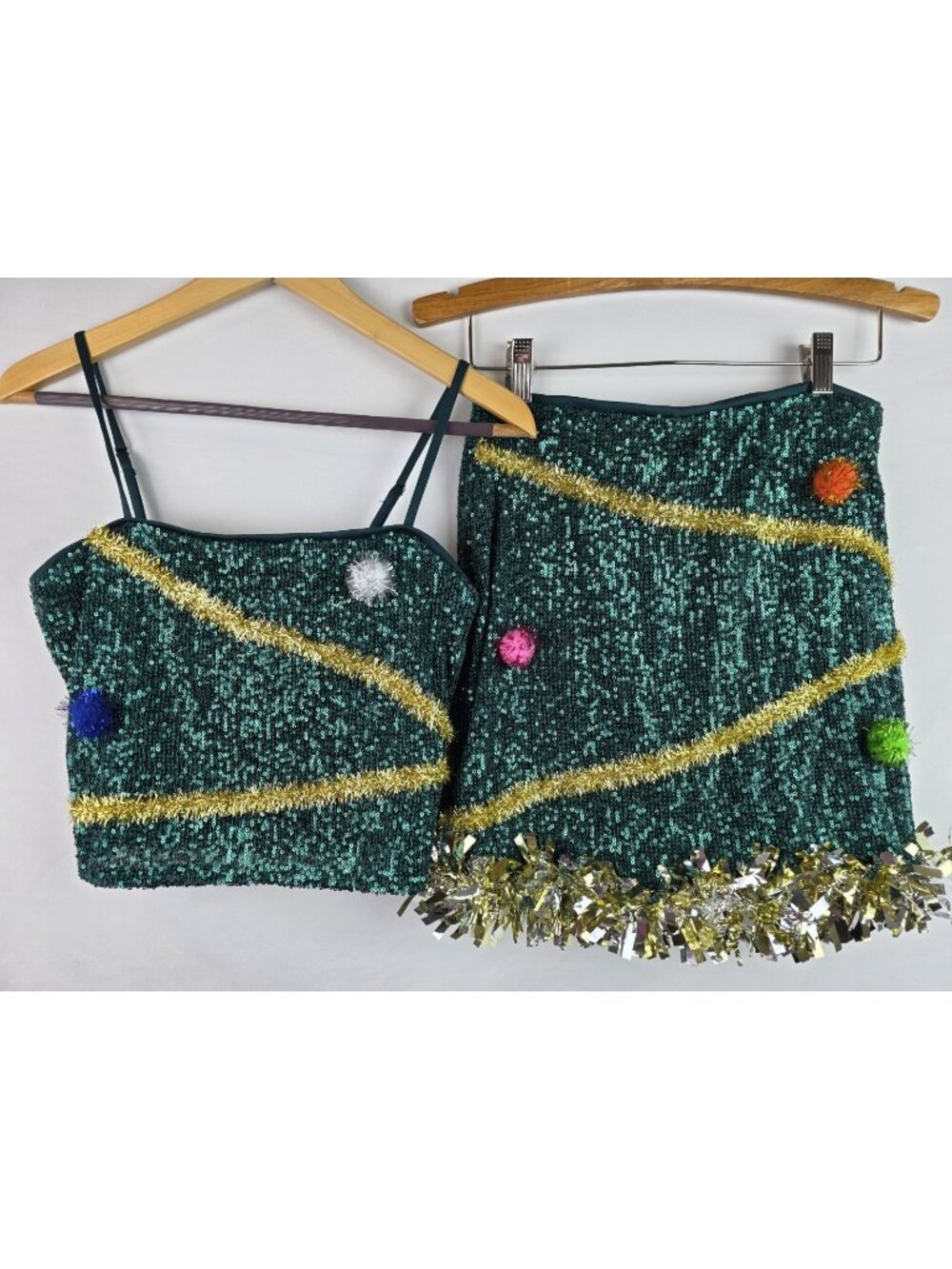 Love On A Hanger Women's Ugly Christmas Outfit Size Medium Green Skirt & Top Set